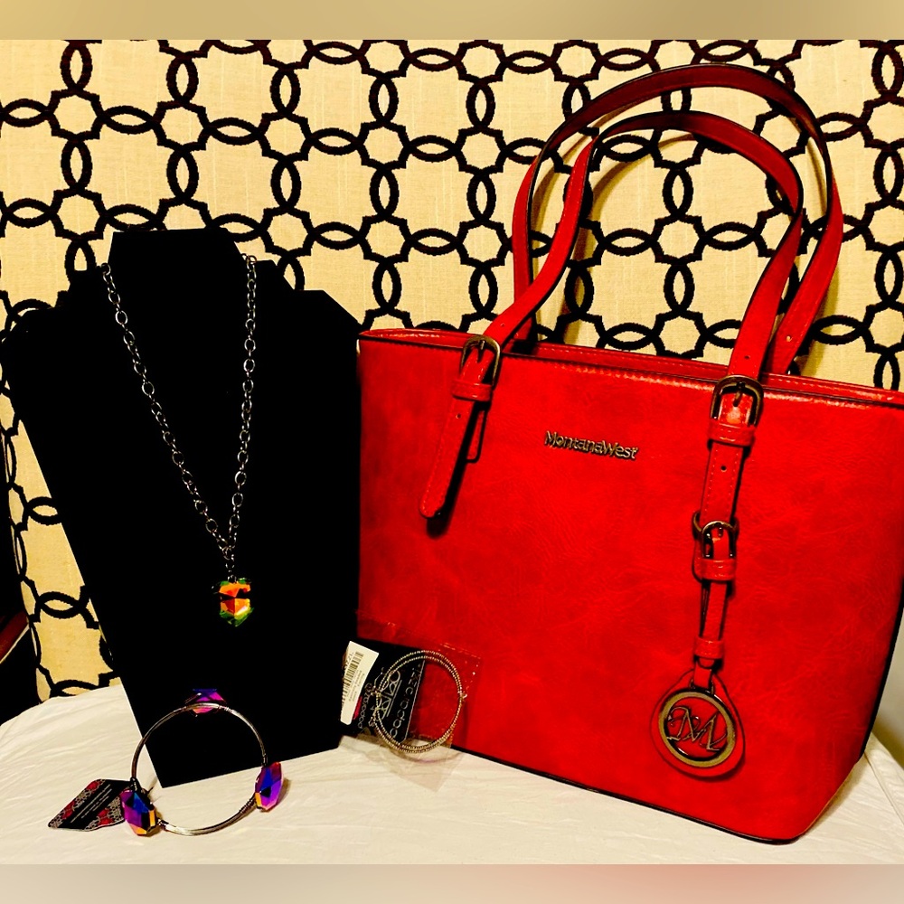Red purse and jewelry